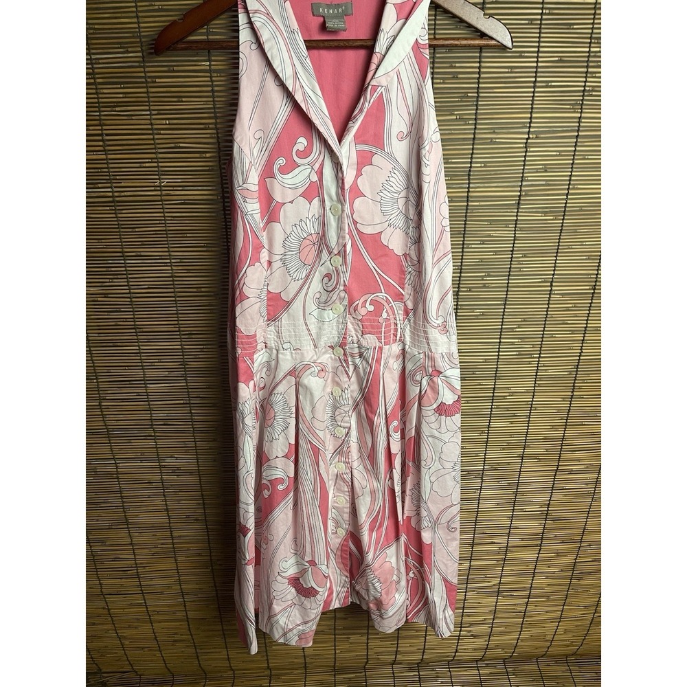 Kenar Pink White Floral Cotton Sleeveless Button Front Drop Waist Dress Size 6
